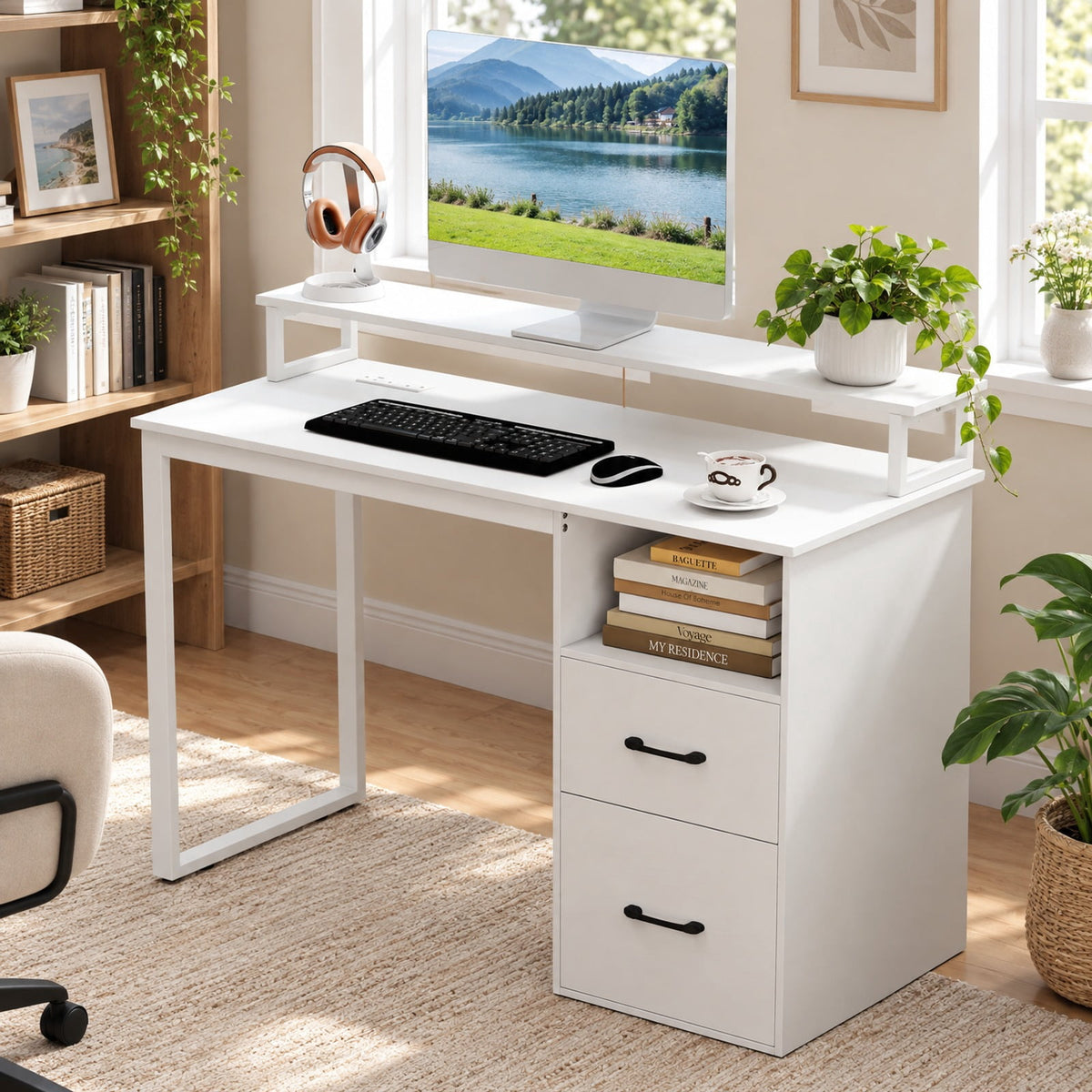 Airfind Modern Computer Desk with Power Outlets and File Drawer, 135 lbs Capacity, Engineered Wood Metal Frame, 48 Inch x 20 Inch x 35 Inch Footprint, White