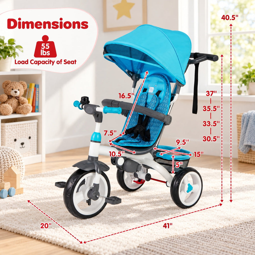 Airfind 5-in-1 Detachable Baby Stroller Tricycle with Round Canopy, Blue, a detachable cushion that is also washable