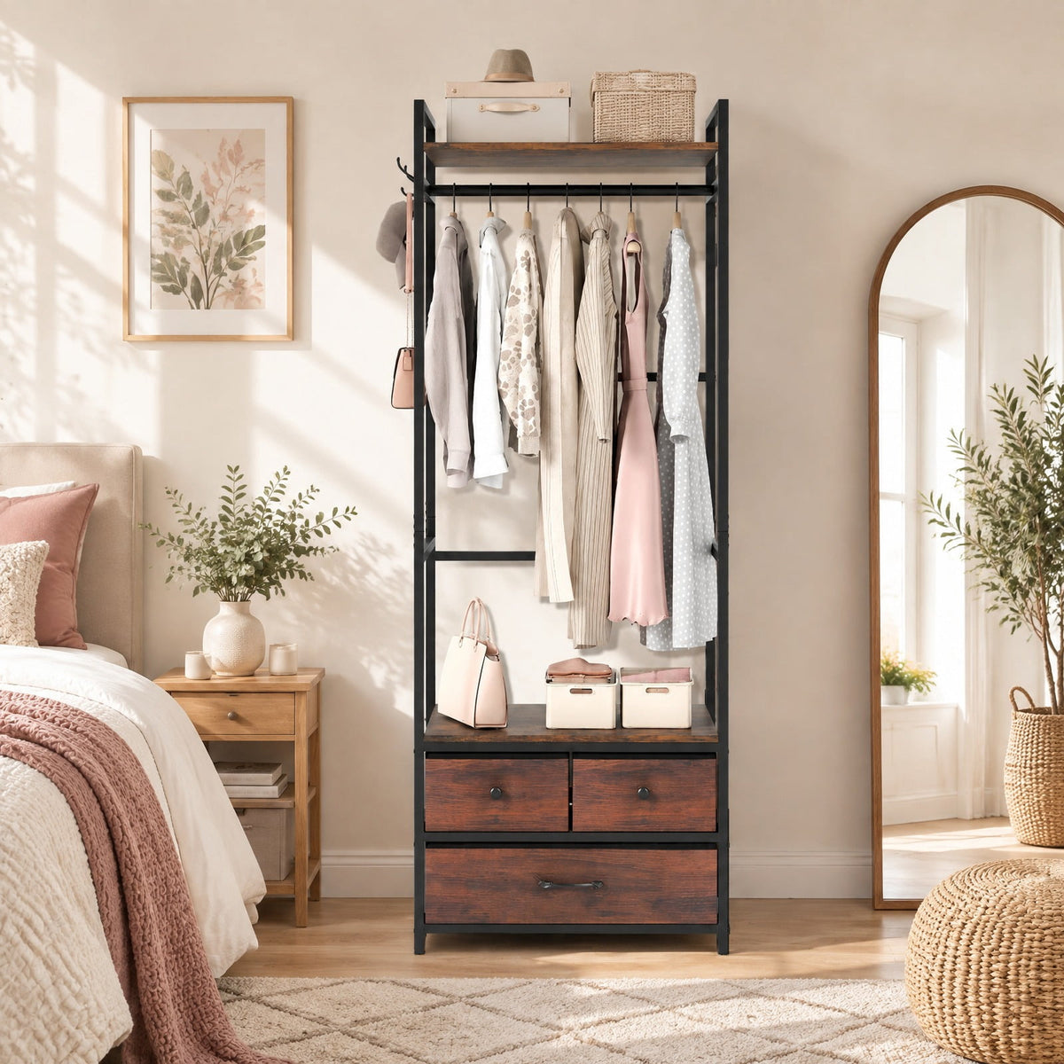 Airfind Clothes Rack with Drawers and Shelves with Side Hooks and Metal Frame, 22 lbs Capacity, Metal Engineered Wood Fabric Frame, Brown