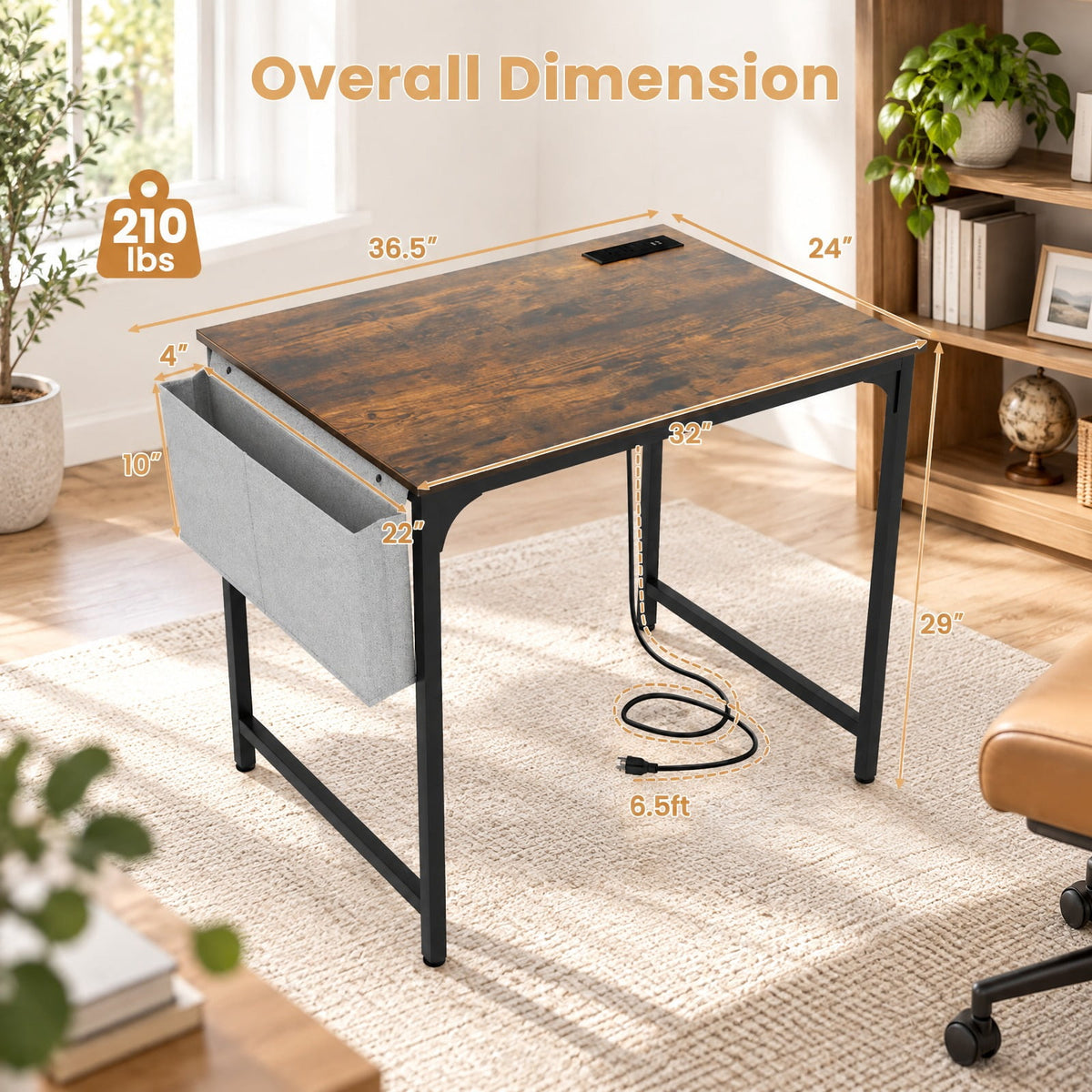 Airfind 32 Inch Home Office Desk with Charging Station Storage Bag and Headphone Hook, 210 lbs Capacity, Engineered Wood MDF Metal Fabric Frame
