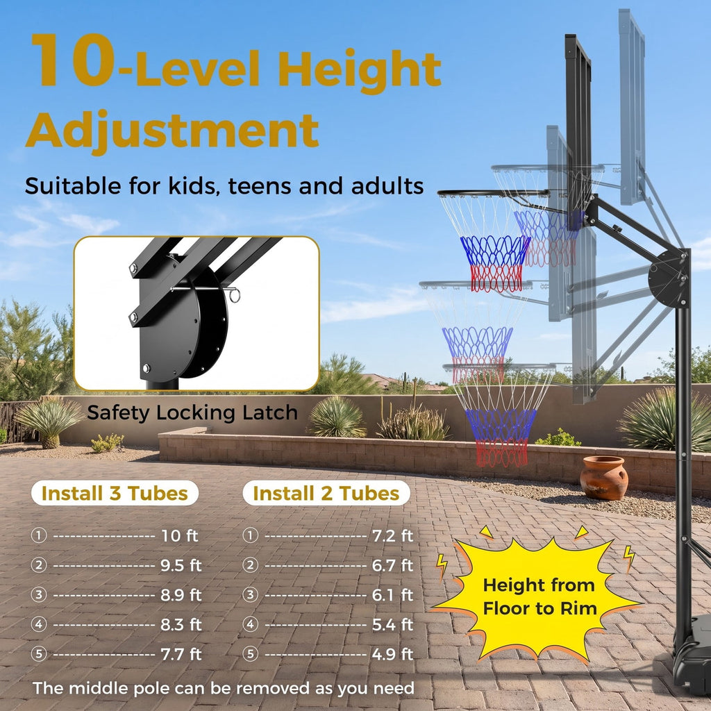 Airfind Portable Basketball Hoop System, 4.9-10 FT Height Adjustable Basketball Goal with Shatterproof Backboard, Fillable Base Weight Bag, 2 Wheels for Kids, Black