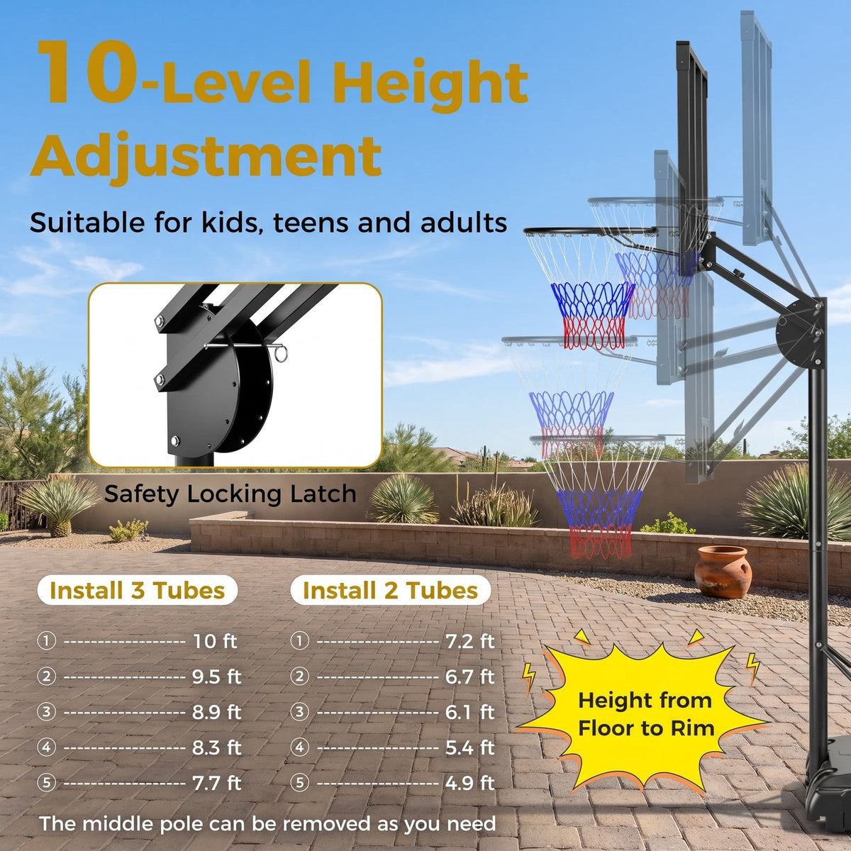 Airfind Portable Basketball Hoop System, 4.9-10 FT Height Adjustable Basketball Goal with Shatterproof Backboard, Fillable Base Weight Bag, 2 Wheels for Kids, Black