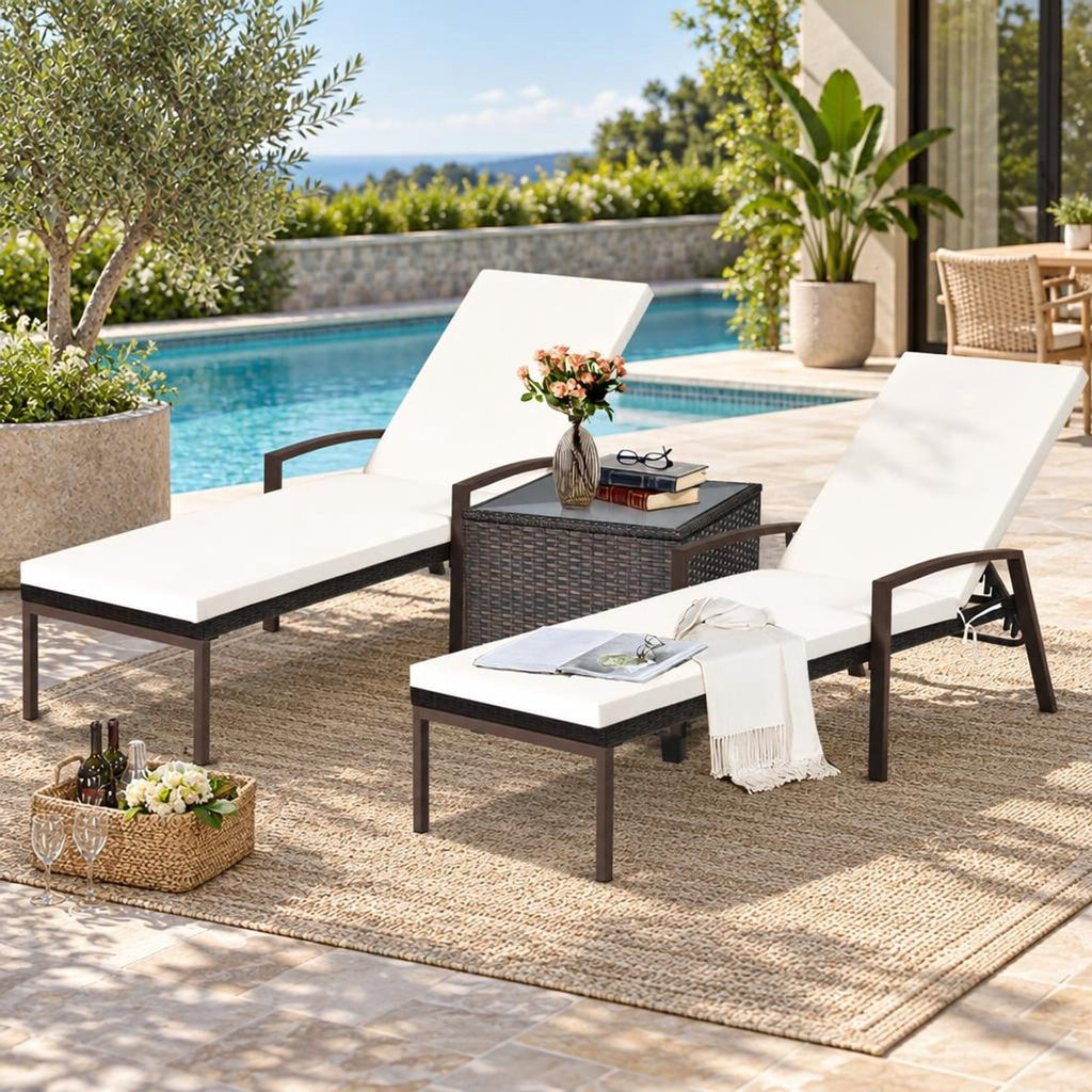Airfind 2 Pieces Patio Rattan Adjustable Back Lounge Chair with Armrest and Removable Cushions, 400 lbs Capacity, Steel Rattan Frame, White