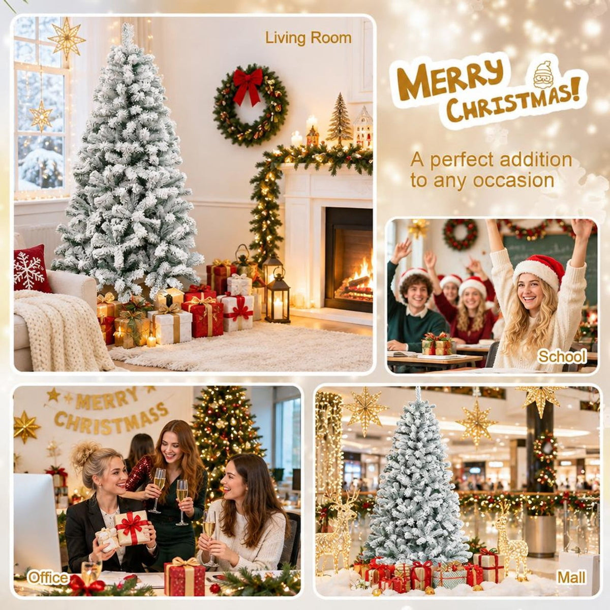 Airfind 6 Feet Artificial Snow Decorated Flocked Hinged Christmas Tree with Metal Stand, White, Diameter of Metal Stand 18 Inch 20 Inch