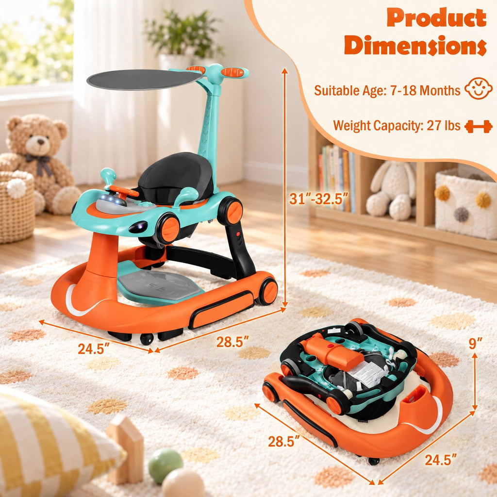 Airfind 6-in-1 Baby Walker with Canopy Portable Activity Center Bouncer Rocker Combo with Music, 27 lbs Capacity, PP ABS Fabric Sponge Frame, Green