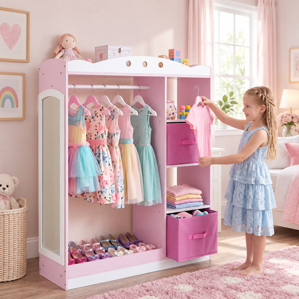 Airfind Kids Dress Up Storage with Full Length Mirror and Open Shelves, Engineered Wood Frame, for 3+ Years Old, 35.5in x 12in x 44in Footprint, Pink
