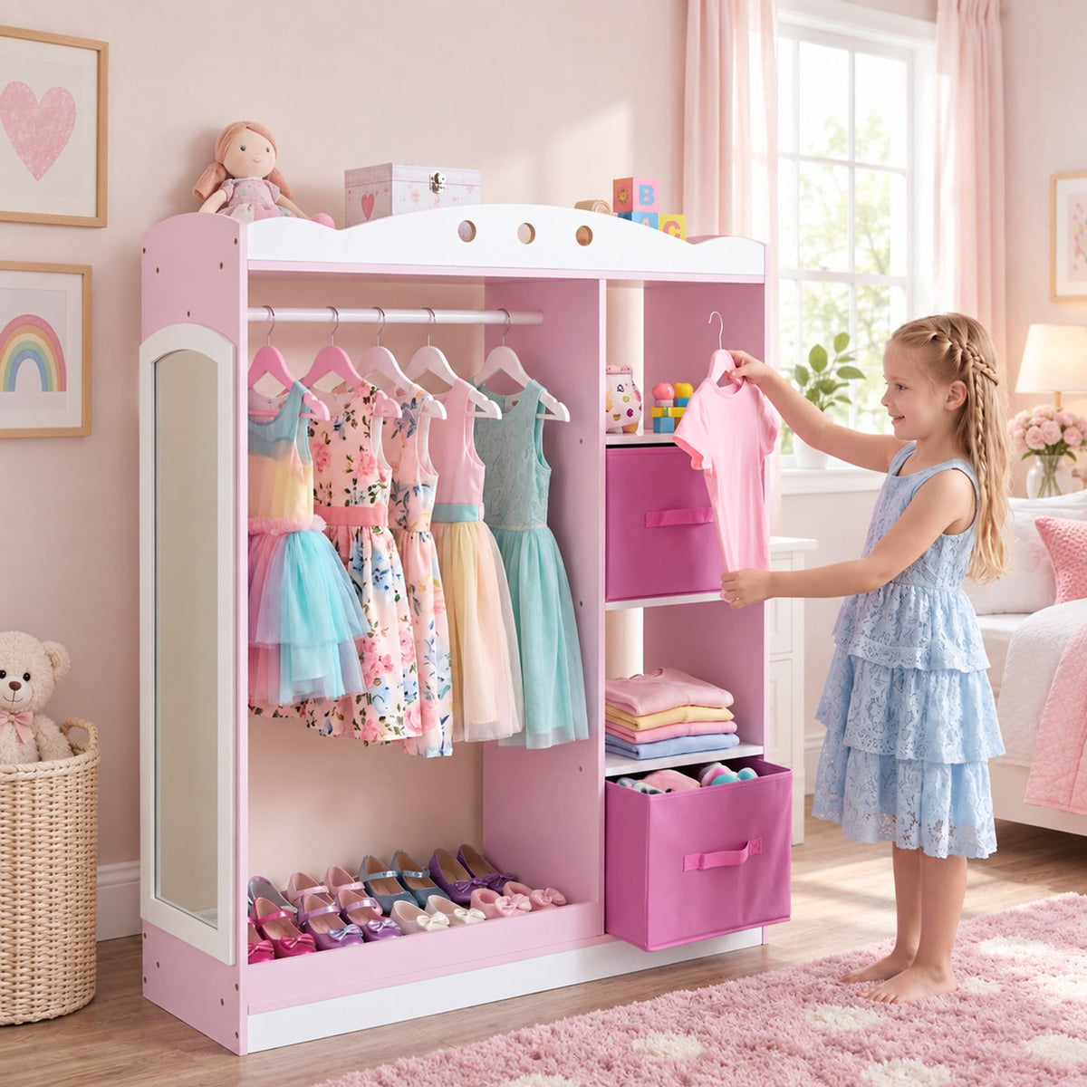 Airfind Kids Dress Up Storage with Full Length Mirror and Open Shelves, Engineered Wood Frame, for 3+ Years Old, 35.5in x 12in x 44in Footprint, Pink