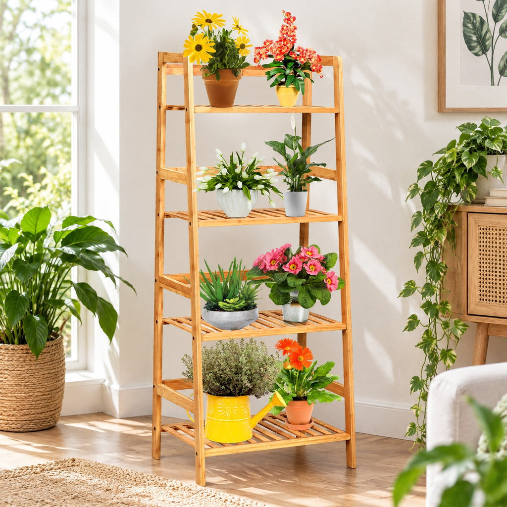 Airfind 4-Tier Bamboo Plant Rack with Guardrails Stable and Space-Saving, 22 lbs per tier Capacity, Bamboo Frame, 19 x 12.5 x 45 Footprint
