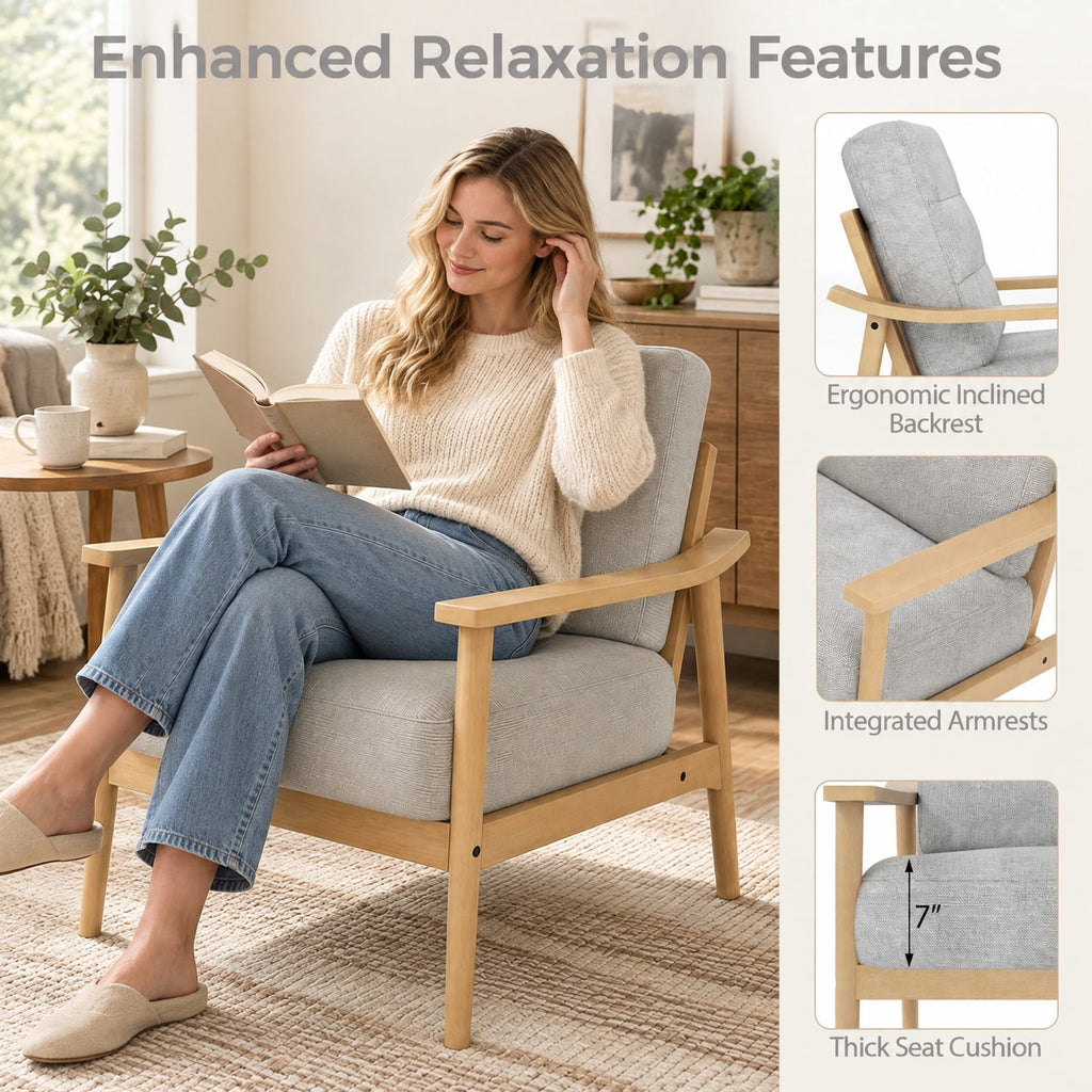 Airfind Modern Accent Chair with Rubber Wood Armrests and Legs for Living Room, 440 lbs Capacity, Natural