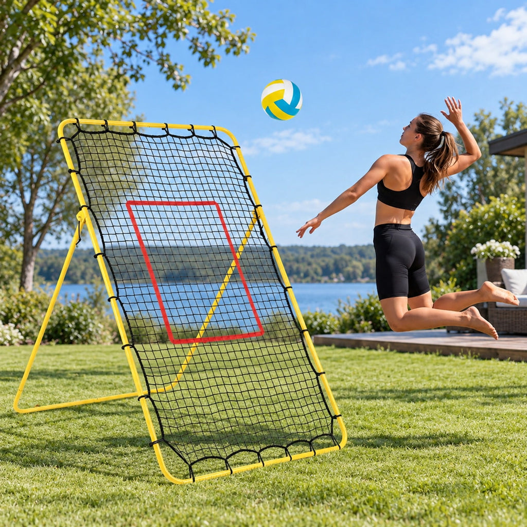 Airfind Volleyball Rebounder Net with 4 Adjustable Angles for Bumping and Spiking, Yellow + Red + BlackMaterial Metal PE PP Polyester FabricProduct