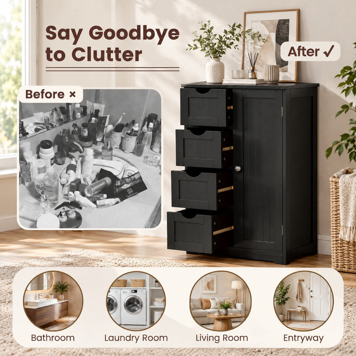 Airfind Standing Indoor Wooden Cabinet with 4 Drawers, 143 lbs Capacity, MDF Engineered Wood Frame, 21.5 Inch x 12 Inch x 32.5 Inch Footprint, Black