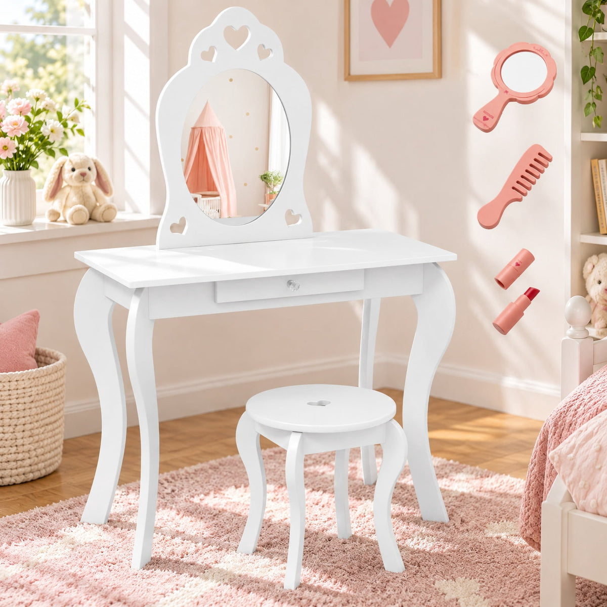 Airfind Kids Princess Makeup Dressing Play Table Set with Mirror, 33 lbs Capacity, MDF pine Frame, 27.5 Inch x 13.5 Inch x 41.5 Inch Footprint, White