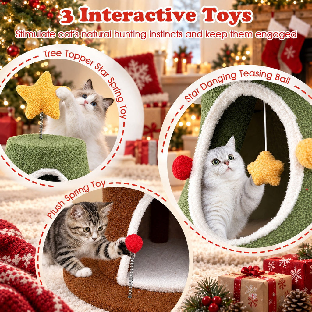 Airfind Large Christmas Cat Tree for Indoor Cats 61 Inch Cute Cat Tower with 4 Condos, 11 lbs Capacity, Engineered Wood Plush Fabric Frame, Green