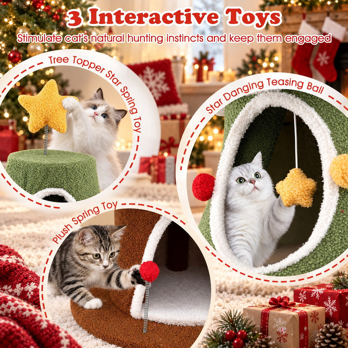 Airfind Large Christmas Cat Tree for Indoor Cats 61 Inch Cute Cat Tower with 4 Condos, 11 lbs Capacity, Engineered Wood Plush Fabric Frame, Green