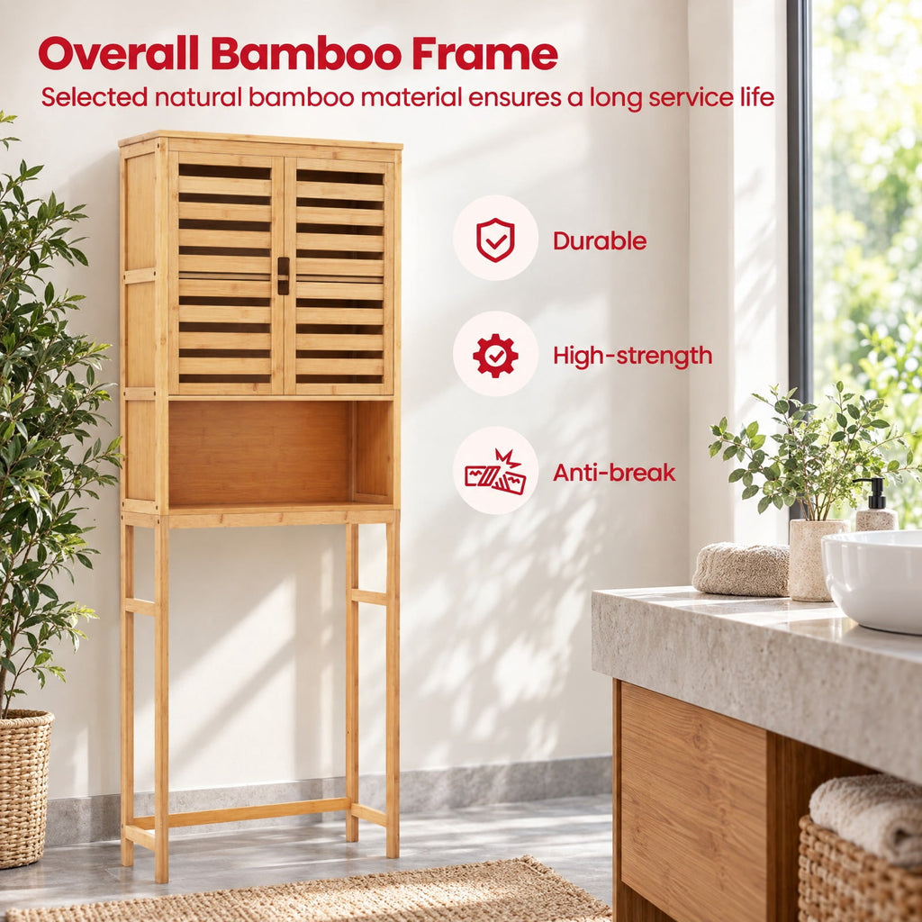 Airfind Bamboo Over The Toilet Storage Cabinet Bathroom with Adjustable Shelf, Bamboo MDF Frame, Natural