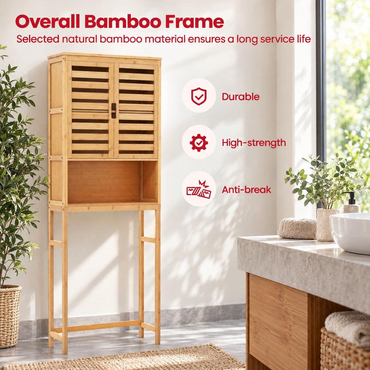 Airfind Bamboo Over The Toilet Storage Cabinet Bathroom with Adjustable Shelf, Bamboo MDF Frame, Natural