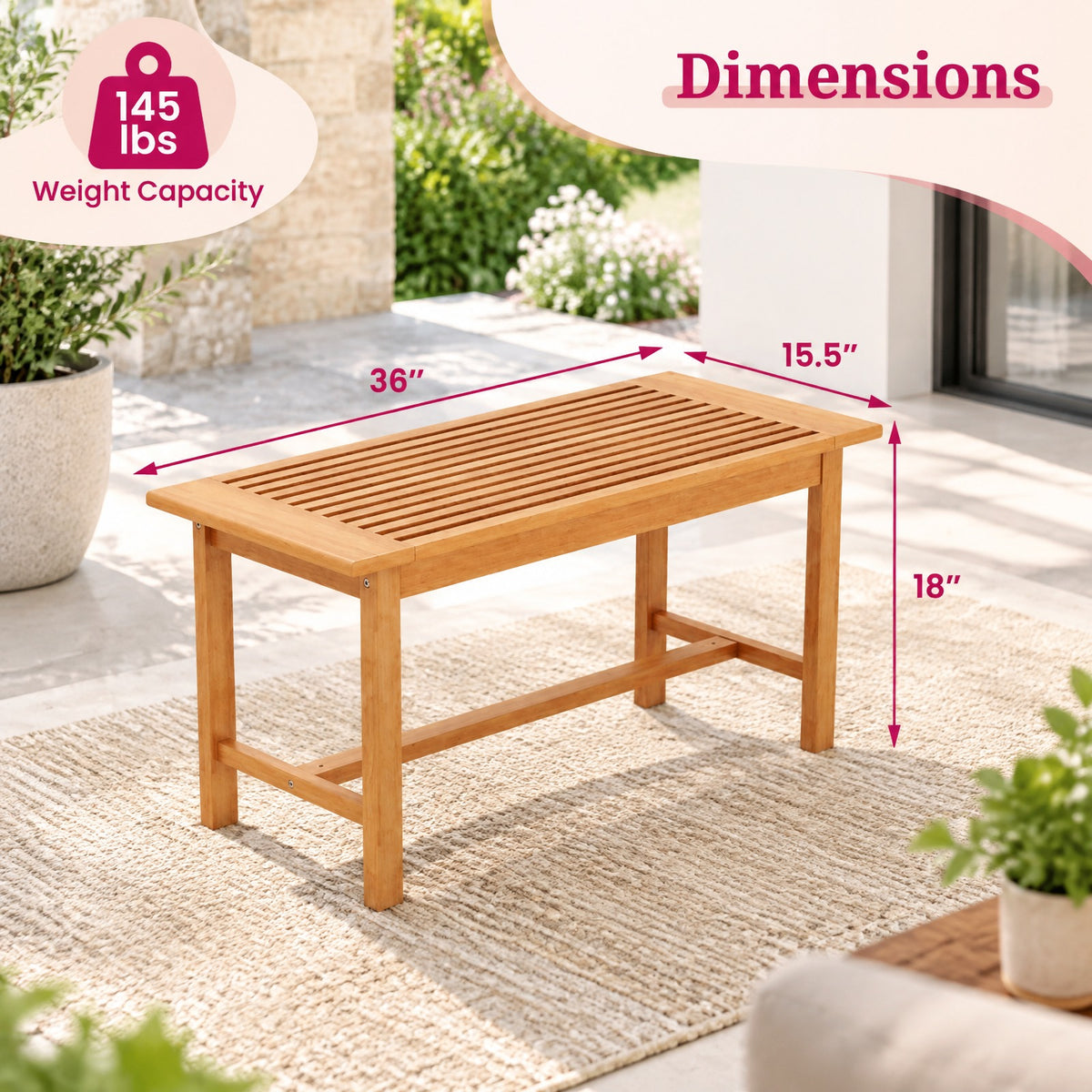 Airfind Patio Coffee Table 36 Inch Rectangular Outside Side Table with Slatted Tabletop, 145 lbs Capacity, Teak Wood Frame, Coffee