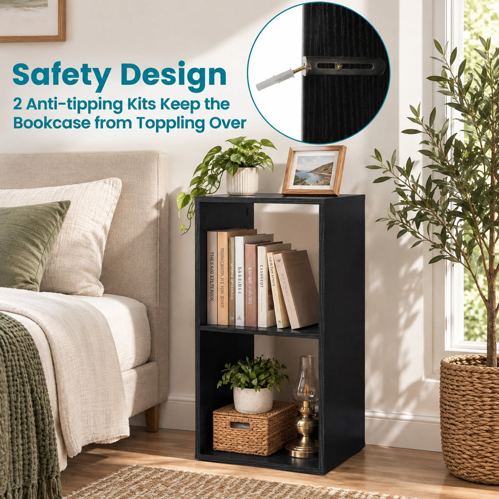 Airfind 2 Cube Bookshelf with Back Guardrail for Living Room Bedroom, Engineered Wood Frame, 14 Inch x 13 Inch x 27.5 Inch Depth of Bottom Shelf 12 Inch Footprint