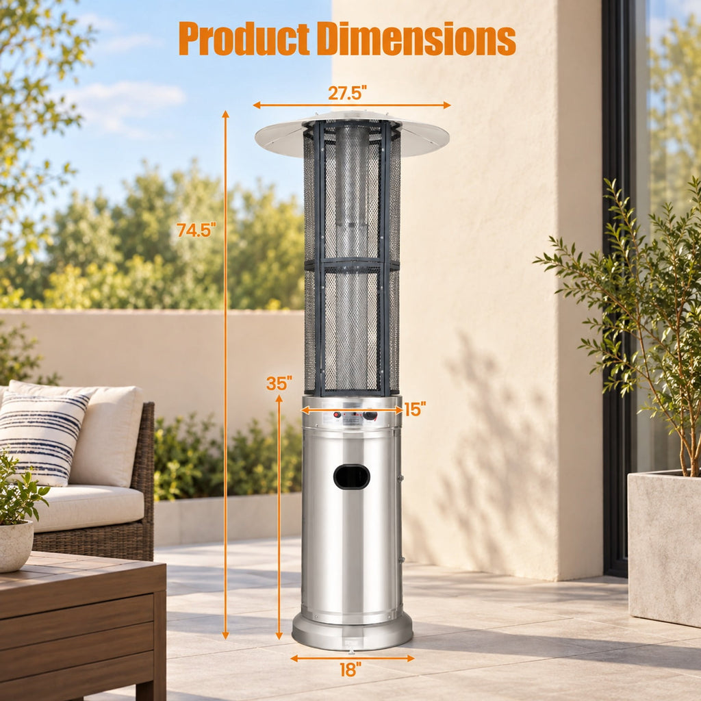 Airfind Outdoor Propane Patio Heater with Glass Tube and Tilt-Over Protection, Metal Frame, 27.5in x 74.5in Footprint, Silver