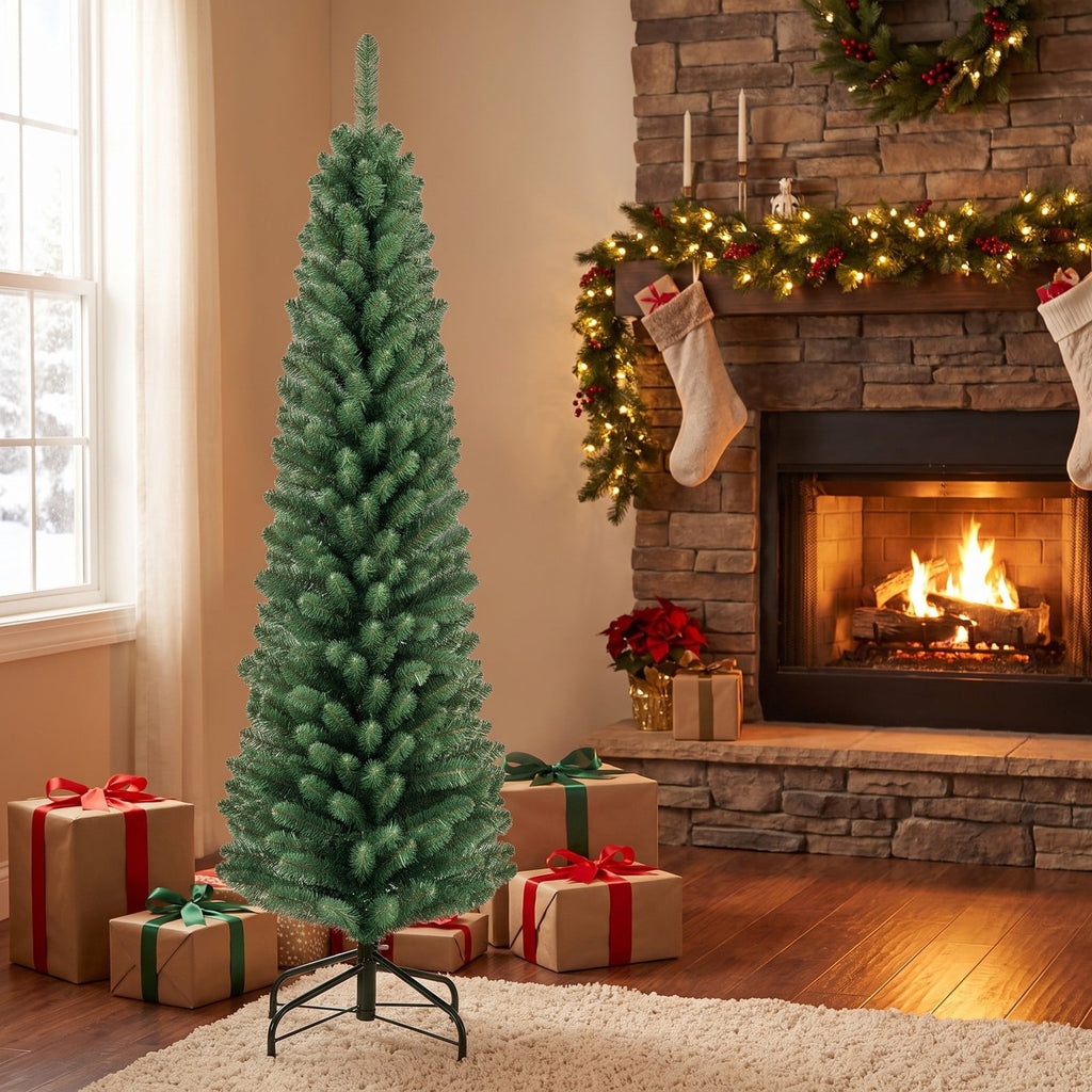 Airfind 5/6/7/8 Feet Pencil Christmas Tree with 295/392/523/671 Memory Wire Branch Tips and Upgraded Metal Stand-5 feet, Green