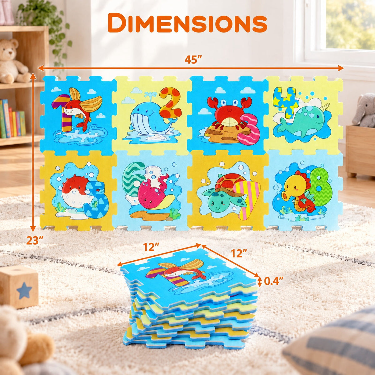 Airfind EVA Foam Baby Play Mat with 8 Interlocking Animal and Number Shapes, Non-Slip Stackable Floor Tiles for 10 Months and Up, Colorful