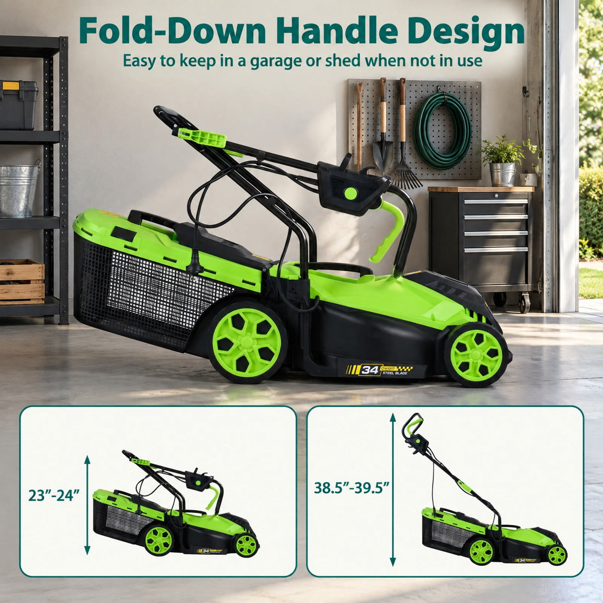 Airfind 14-Inch 12-Amp Corded Electric Lawn Mower w/ 5-Position Height Adjustment, Metal Frame, 44-45.5 x 14 x 38.5-39.5 Footprint, Green