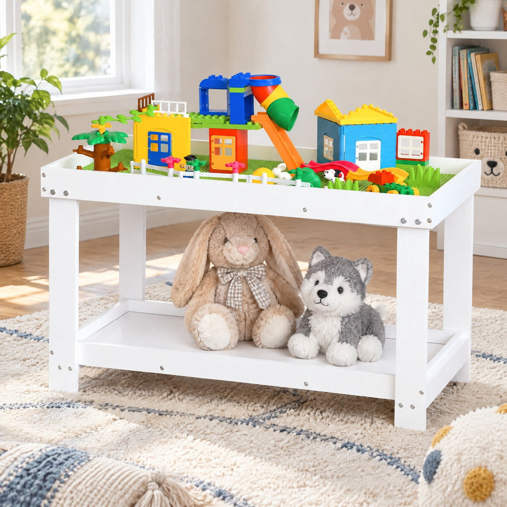 AIRFIND Kids Activity Table with Removable Top and Building Block Board, Hidden Toy Storage and Lower Shelf, 32.5 in Pine, White