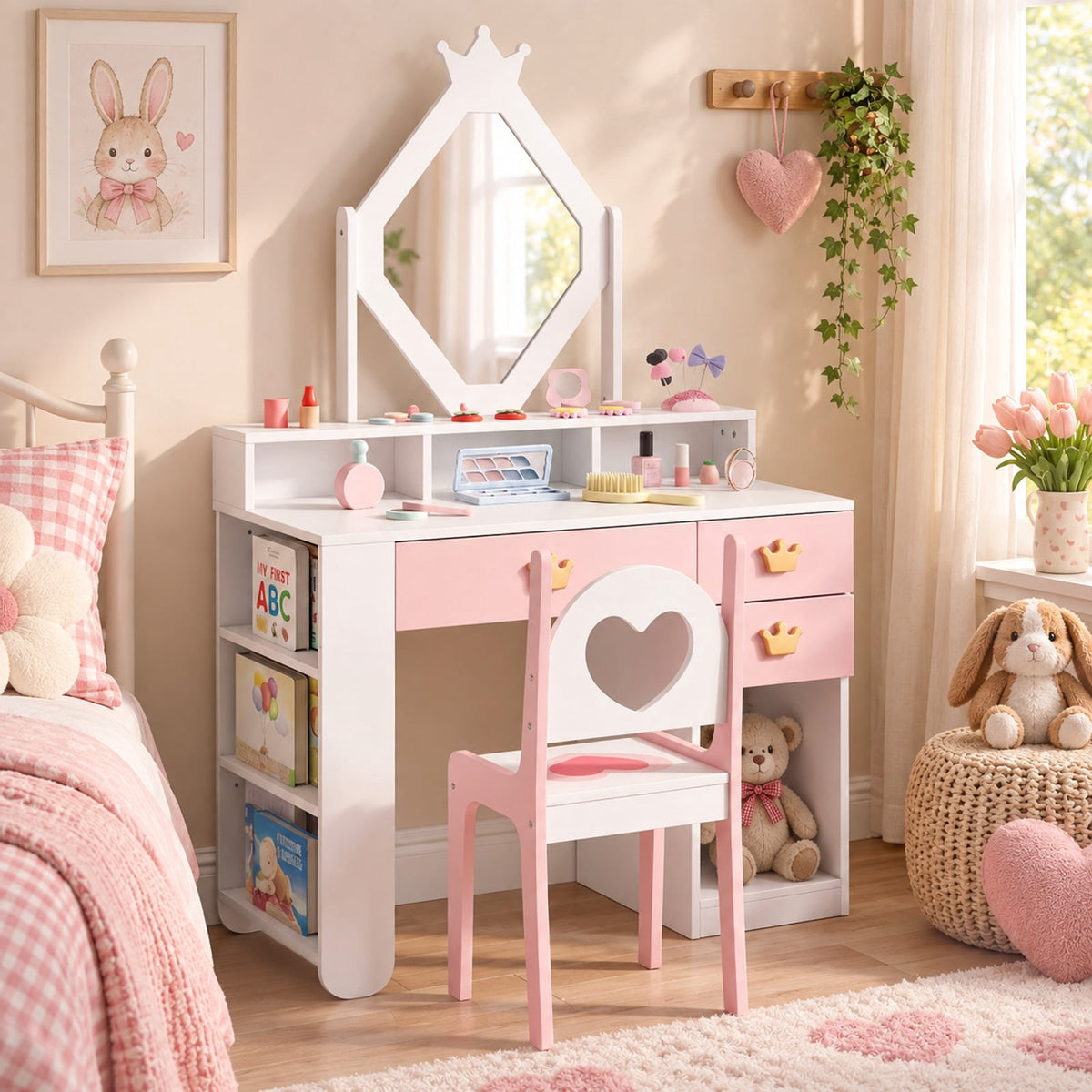 Airfind Kids Vanity Set with Crown Mirror and Chair for Girls, 110 lbsChair Capacity, 31.5in x 16in x 51inTabletop Footprint, White