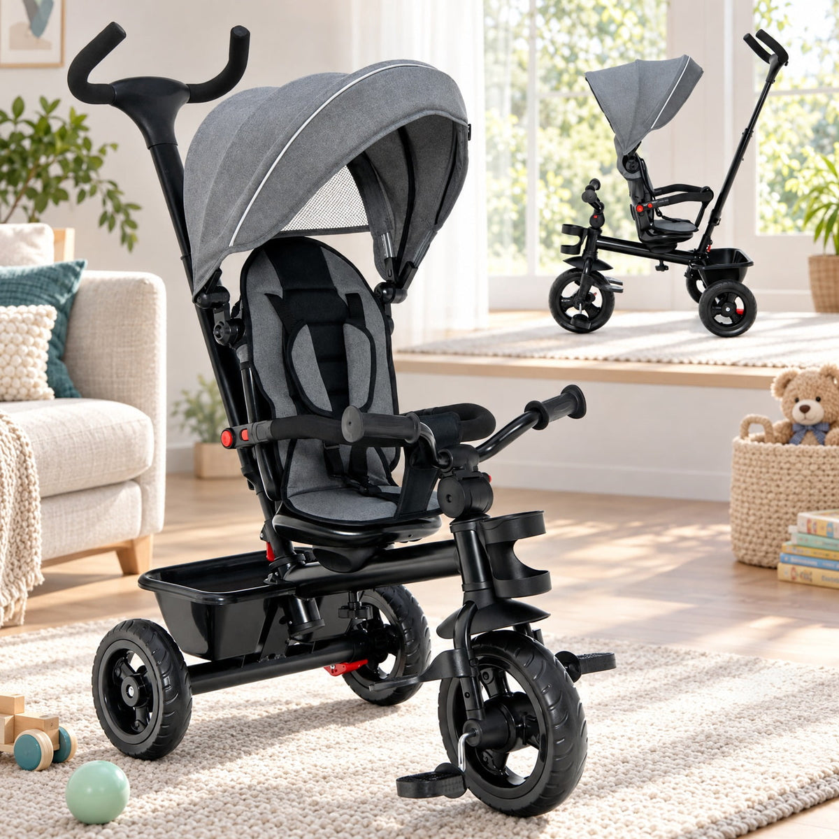 Airfind 4-in-1 Baby Tricycle Toddler Trike with Convertible Seat, 55 lbs Capacity, Steel polyester fabric PP EVA Frame, Gray