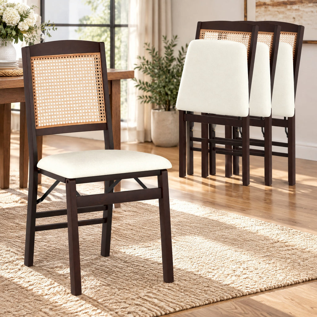 Airfind Folding Dining Chairs Set of 4 Rubber Wood Chairs with Linen Padded Seat, 400 Lbs Capacity, Rubber Wood PE Rattan Linen Fabric Sponge, Coffee