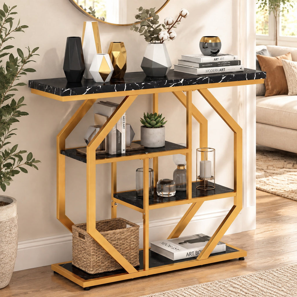 Airfind Modern Sofa Table Behind Couch 4-Tier Console Table with Faux Marble Tabletop, 110 lbs Capacity, MDF Metal Frame, Black