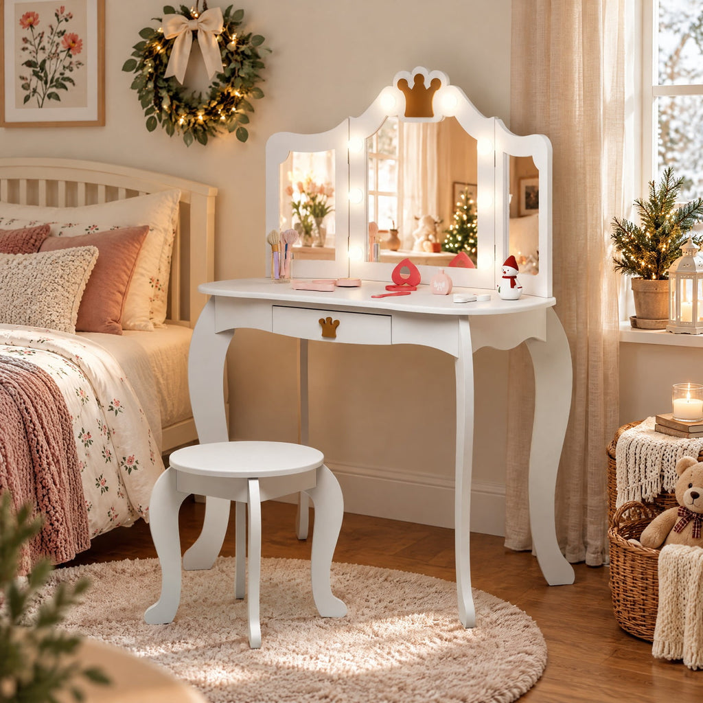 Airfind Kids Vanity Set with Tri-fold Lighted Mirror Detachable Top and Stool, 110 lbs Capacity, MDF Frame, for 3-7 Years Old, White