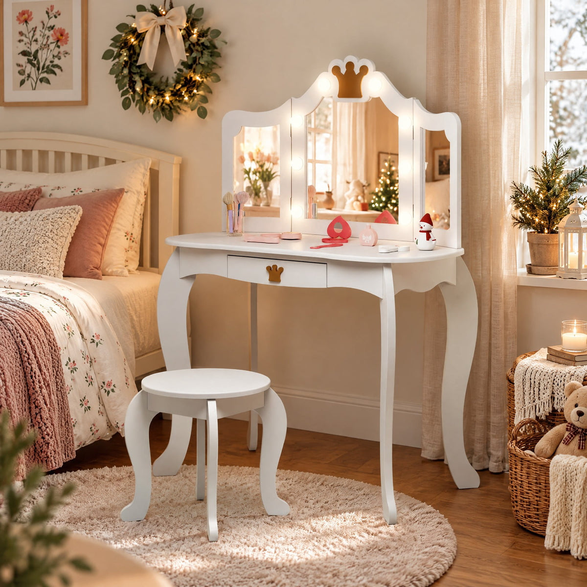 Airfind Kids Vanity Set with Tri-fold Lighted Mirror Detachable Top and Stool, 110 lbs Capacity, MDF Frame, for 3-7 Years Old, White