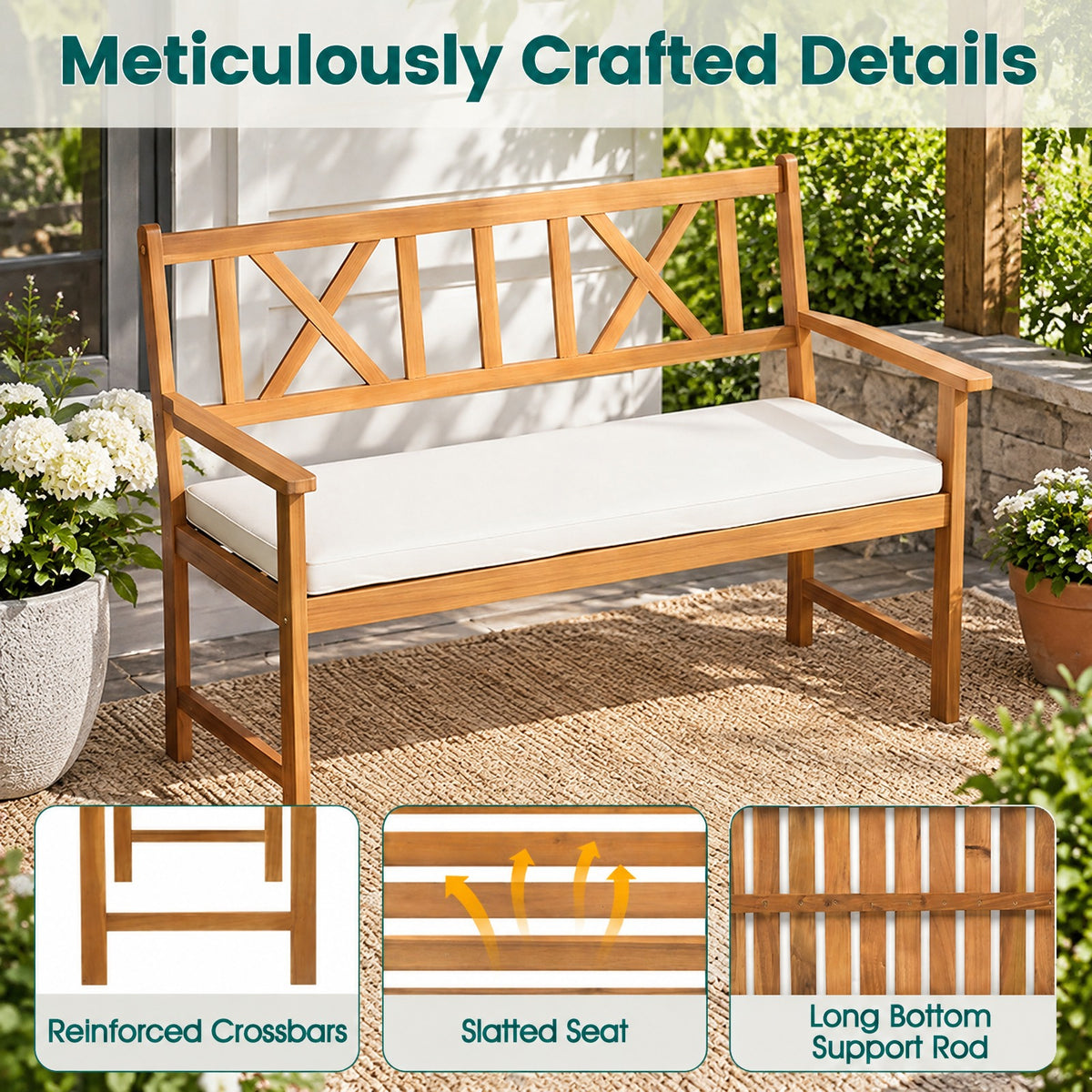 AIRFIND Patio Bench for Two with Acacia Wood Frame, X-Pattern Backrest and Removable Seat Cushion, 47 in Garden Seating, Natural and White
