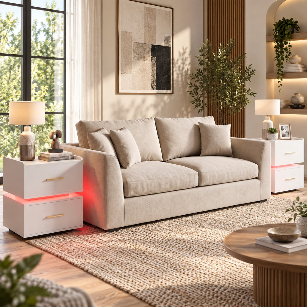 Airfind Nightstand with Charging Station LED Bedside Table with 2 Storage Drawers, 77 lbs Capacity, Engineered Wood MDF Metal Frame, White