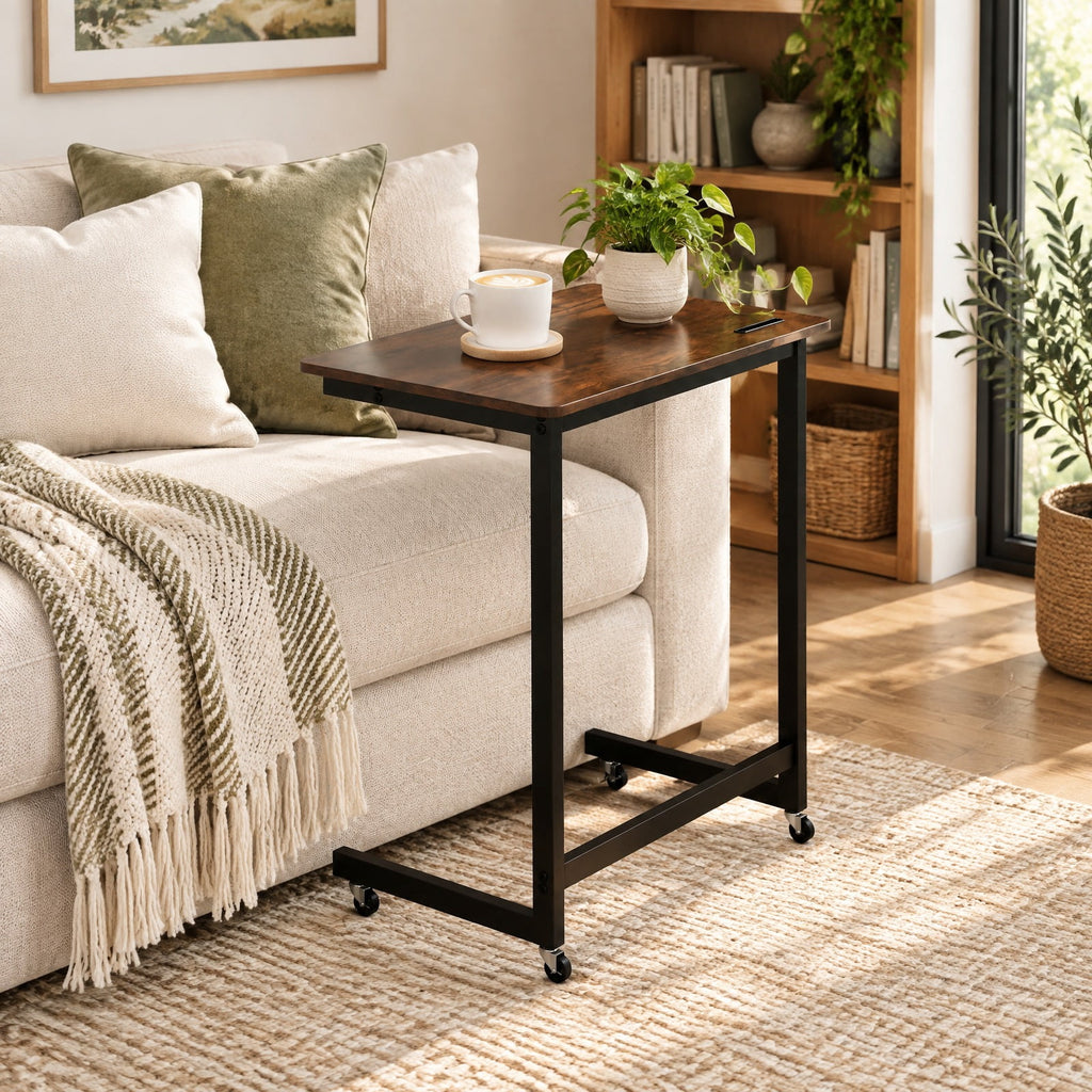 Airfind C-shaped End Table with Wheels Mobile Bedside Table with Built-in Phone Slot, 80 lbs Capacity, Engineered Wood Metal Frame, Brown