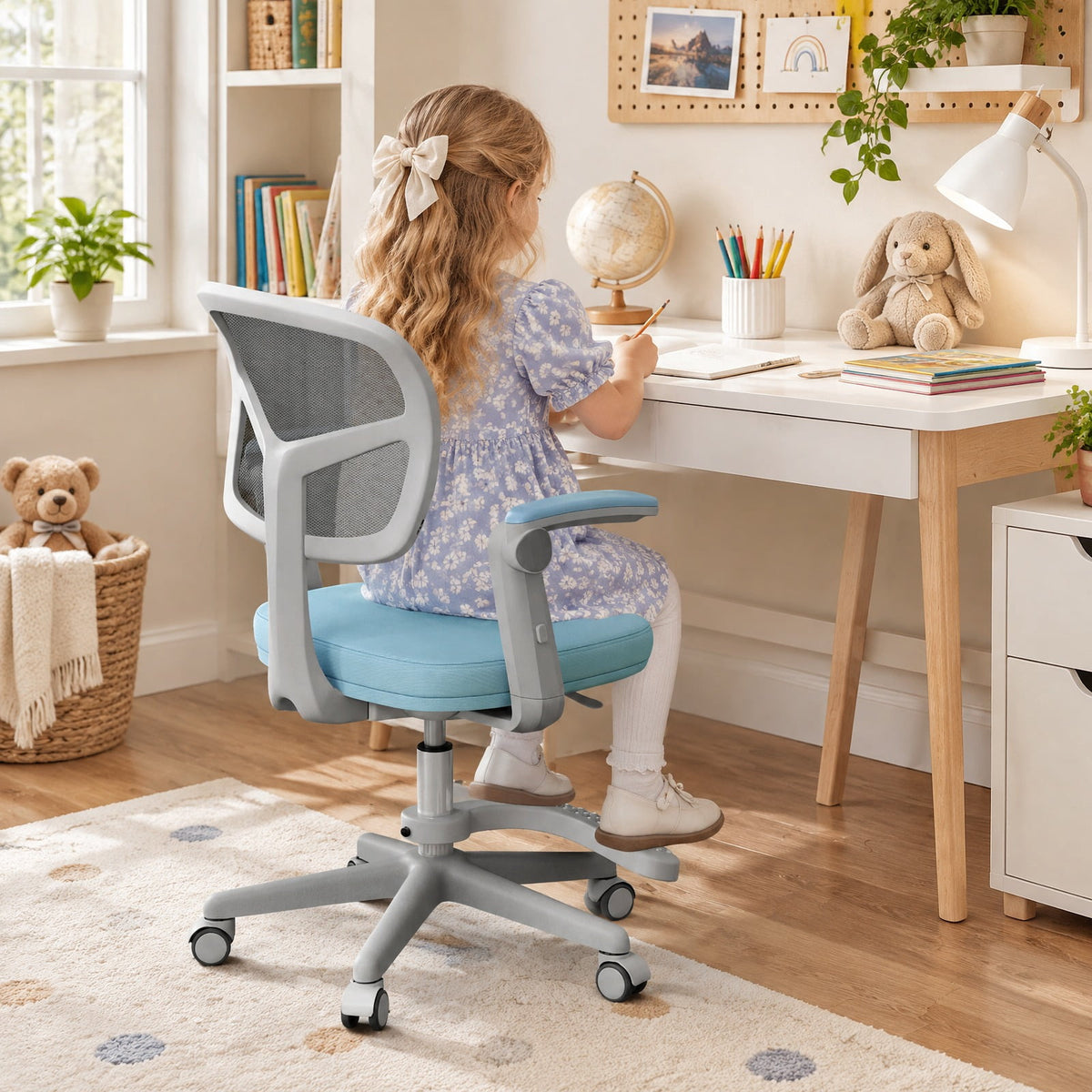 Airfind Kids Desk Chair Children Study Chair with Adjustable Height Armrest and Footrest, 330 lbs Capacity, PU Frame, Blue