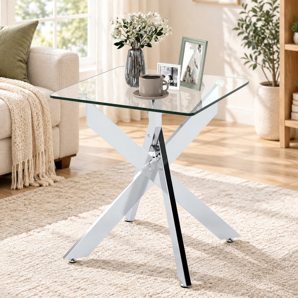 Airfind Glass Side Table Square End Table with Tempered Glass Top and Metal X Base, 20 Inch x 20 Inch x 22.5 Inch Load Footprint, Silver