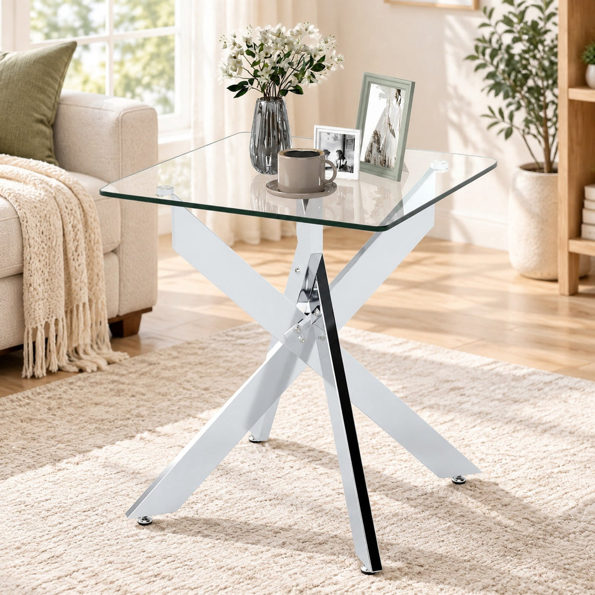 Airfind Glass Side Table Square End Table with Tempered Glass Top and Metal X Base, 20 Inch x 20 Inch x 22.5 Inch Load Footprint, Silver