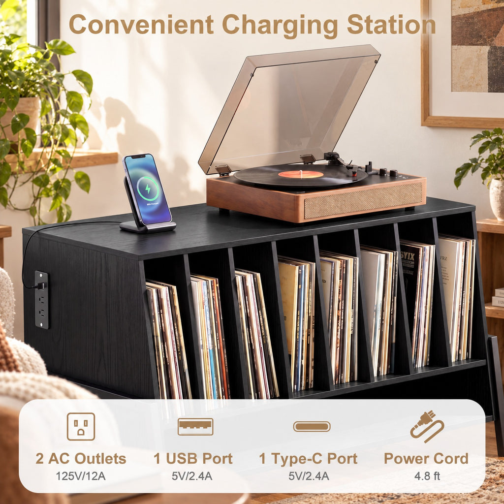 Airfind Turntable Stand with Charging Station and Vinyl Storage Shelves, 44 lbs Capacity, Engineered Wood MDF Metal Frame, Black