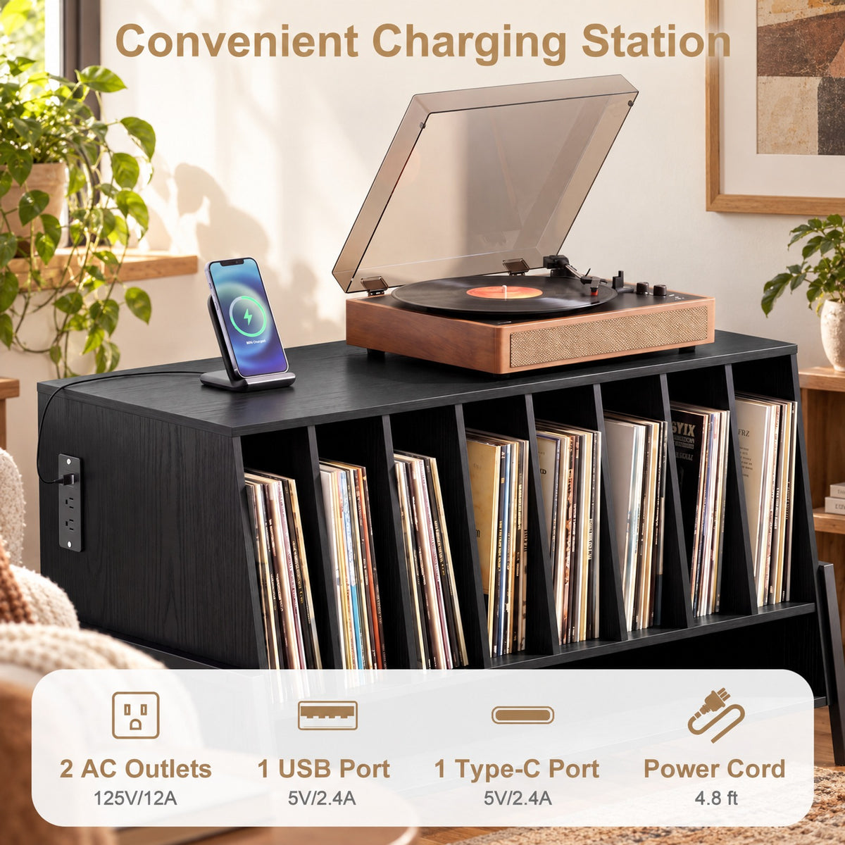Airfind Turntable Stand with Charging Station and Vinyl Storage Shelves, 44 lbs Capacity, Engineered Wood MDF Metal Frame, Black