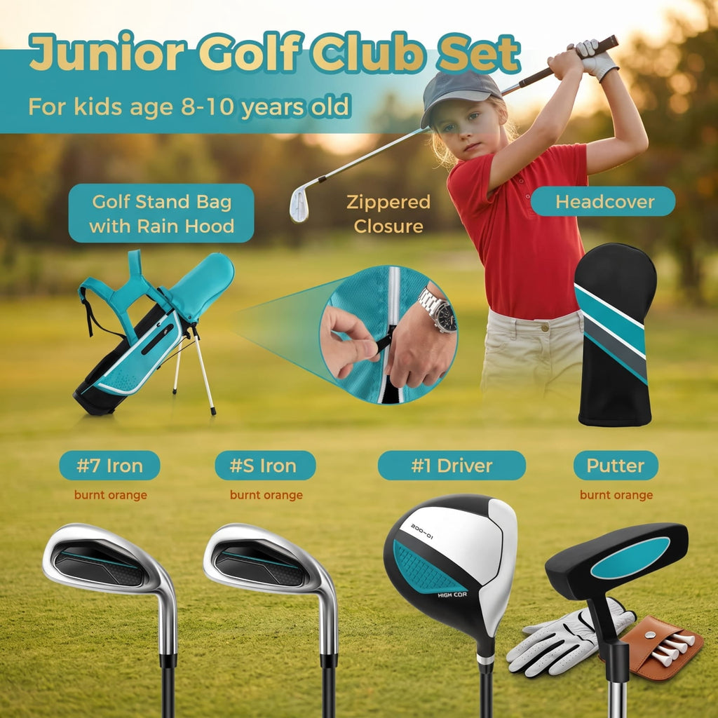Airfind Junior Complete Golf Club Set for Kids Right Hand with Driver Irons Putter Stand Bag and Rain Hood Ages 8 to 10, Blue