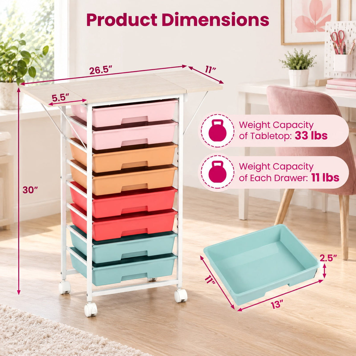 Airfind 8-Drawer Rolling Cart with Wooden Tabletop and Folding Side Panels for Living Room, 33 lbs Capacity, Metal PP Engineered Wood Frame