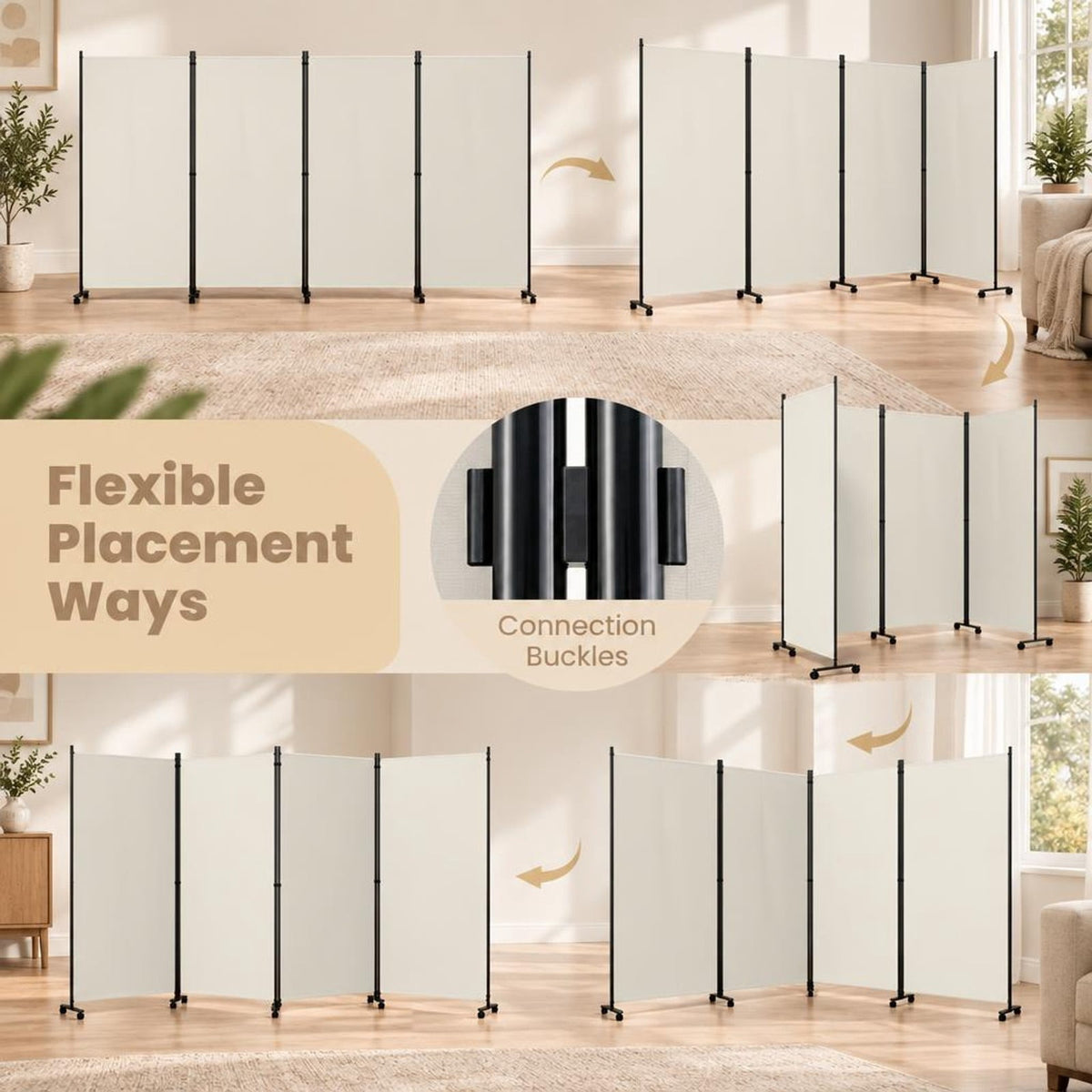 Airfind 4 Panel Folding Privacy Screen Room Divider with Wheels, Polyester Fabric Metal PP Frame, 137 x 12 x 71.5 Footprint, White