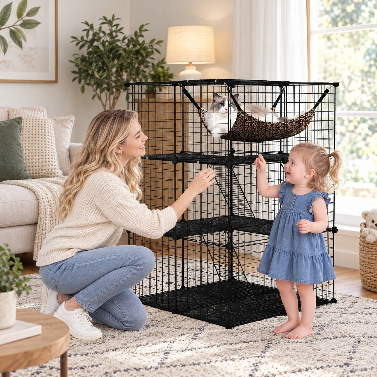 Airfind Indoor Cat Cage 3-Tier Cat Enclosure Detachable Metal Wire Kennel, 5 kg Capacity, PP Frame, 29.1 Inch x 29.1 Inch x 42.1 Inch Footprint, Black