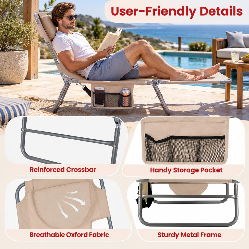 Airfind Folding Beach Lounge Chair with Adjustable Backrest for Lawn, 330 lbs Capacity, Metal Oxford Fabric Polyester Sponge Frame, Beige