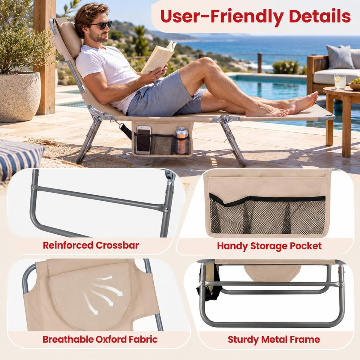 Airfind Folding Beach Lounge Chair with Adjustable Backrest for Lawn, 330 lbs Capacity, Metal Oxford Fabric Polyester Sponge Frame, Beige