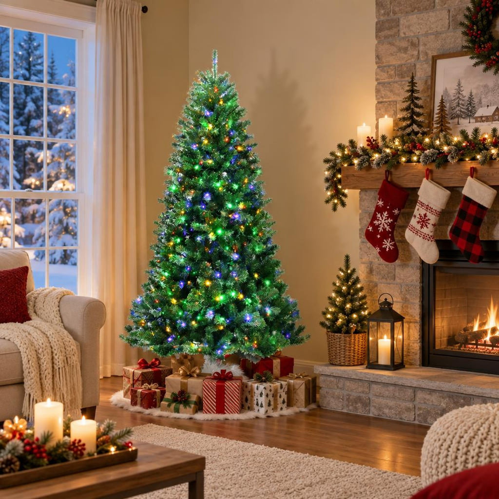 Airfind Artificial Hinged Christmas Tree with Remote-controlled Color-changing LED Lights-7ft, New PVC metal 6 Ft: Frame, 6ft x 3.1ft Footprint, Green
