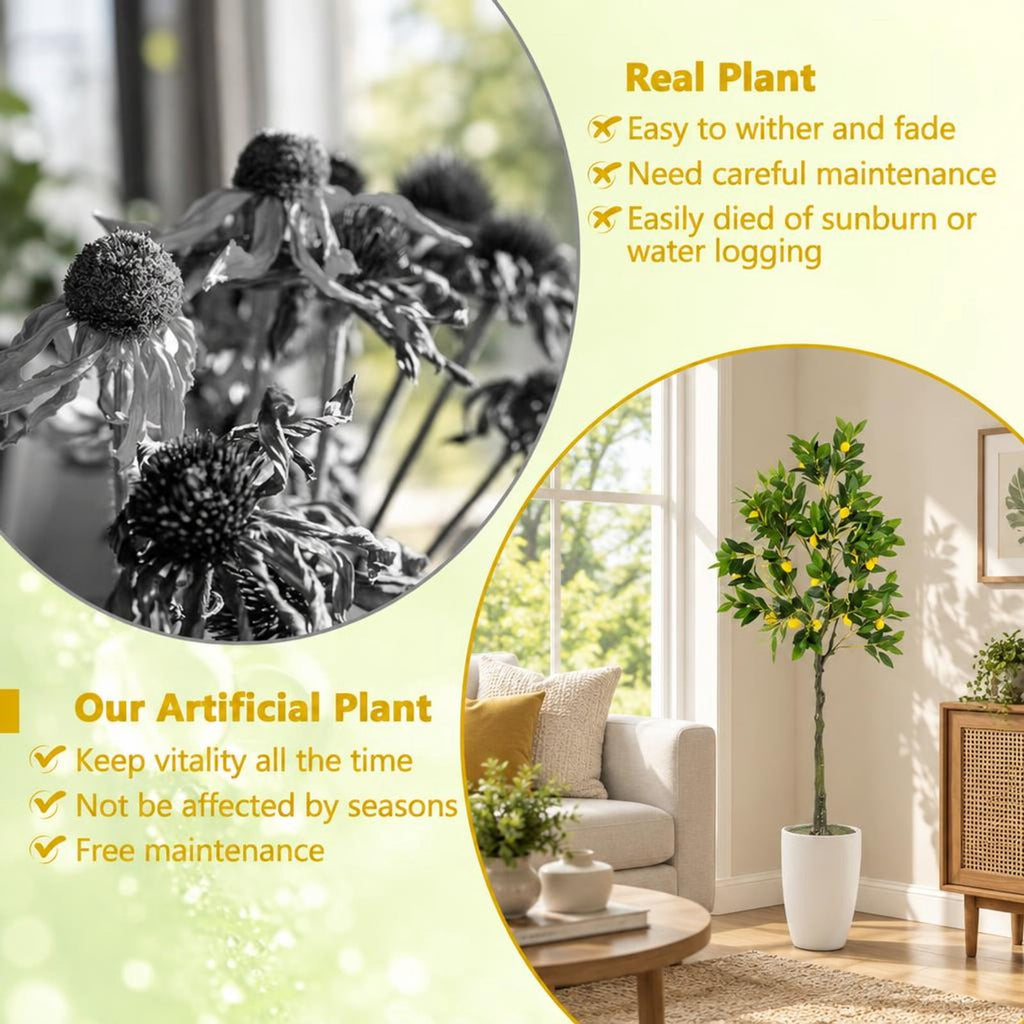 Airfind Artificial Lemon Tree 2.6/4/5.2 Feet Tall Fake Lemon Plant wuth Lemon Fruits-5.2 ft, PEVA PE PP Cement Foam Height: 32/48/63 Pot Frame