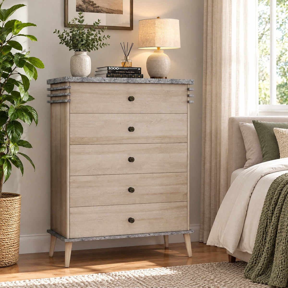 Airfind Farmhouse Chest Dresser of Drawers Tall Storage Organizer, 176 lbs Capacity, Engineered Wood MDF Rubber Wood Metal Frame, Grey